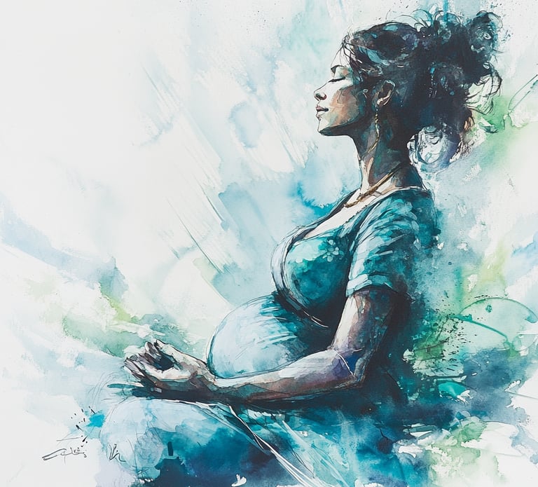 Watercolour illustration of a pregnant woman meditating peacefully, symbolising calm and mindful bir