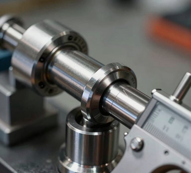 Extreme close-up of a digital micrometer measuring a polished steel crankshaft journal to exact tolerances, cool workshop lighting