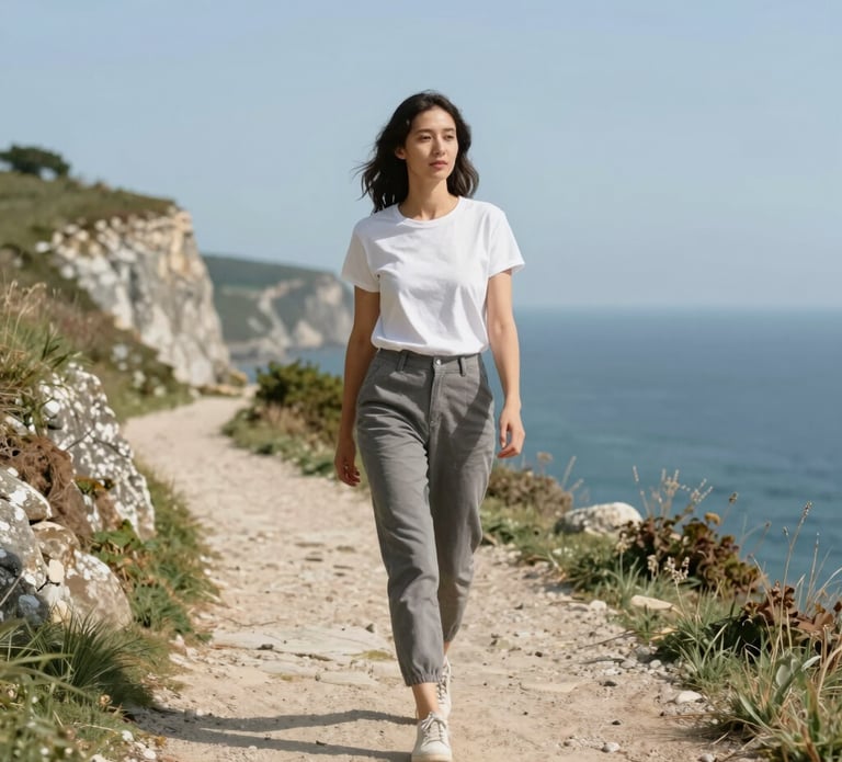 Woman practising a calming breathing exercise outdoors on cliffs.