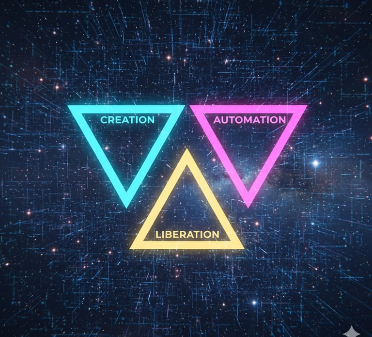 Three glowing AI-powered principles representing the HermetixAI business trinity.