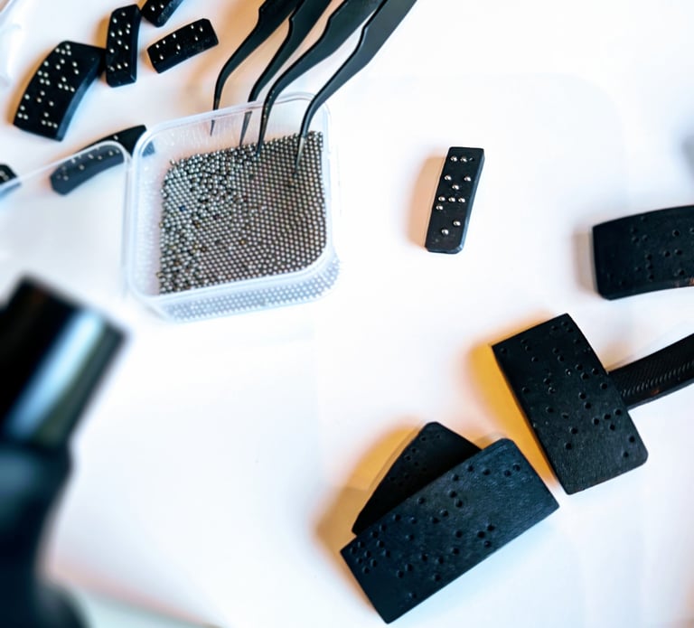 Fabrication de plaques en braille avec pinces, microbilles métalliques et supports noirs perforés.