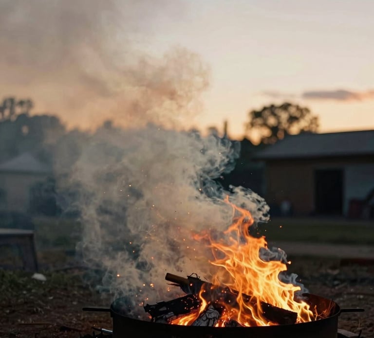 Wide atmospheric shot of outdoor smoke plumes rising from an iron-frame asado hearth at golden hour, moody overcast daylight, 35mm film.
