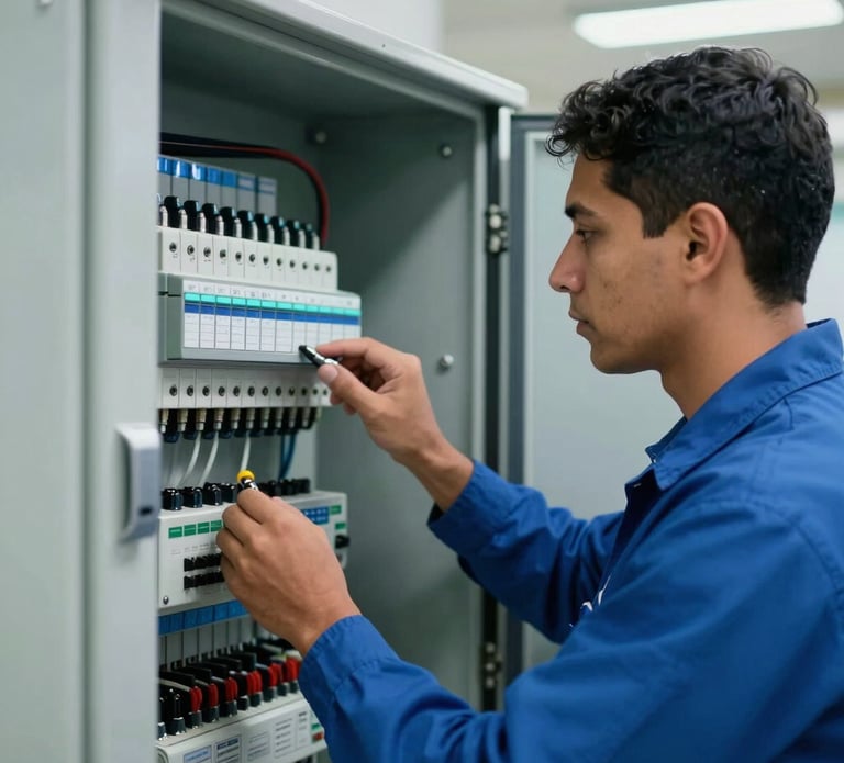 A close-up photograph of a professional technician in a blue uniform inspecting an electrical control panel in a modern South American Brazilian building, sharp focus, technical atmosphere, lighting reflecting blue and cyan tones.