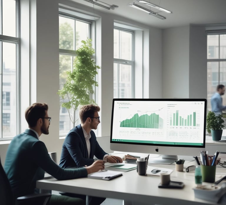 Dos analistas de negocios revisan gráficos de datos financieros en una computadora en una oficina