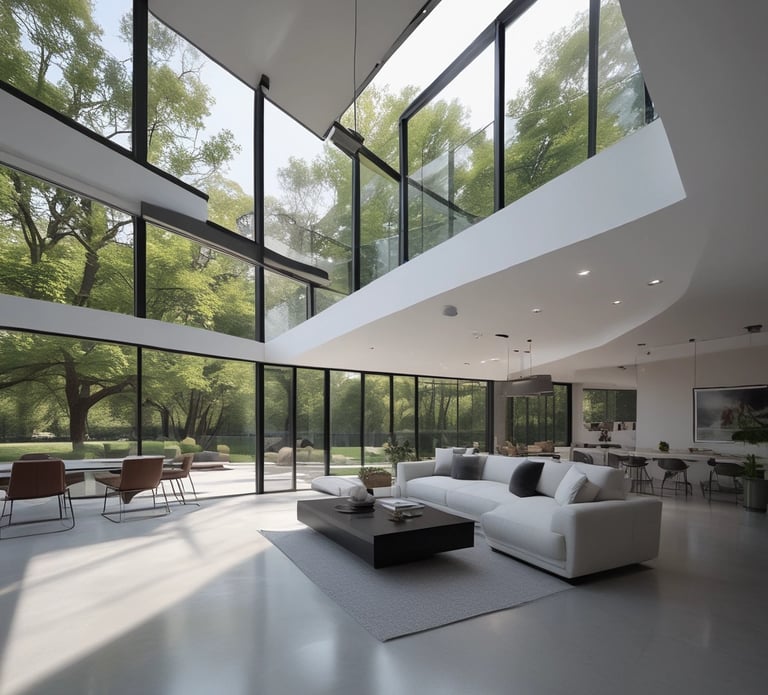 A modern two-story house with a sleek, minimalist design. The upper level features large vertical windows and a dark facade, while the lower level has a lighter appearance with smaller windows. The surrounding area includes a well-manicured lawn and a paved driveway, with ambient lighting creating a warm glow in the evening setting.