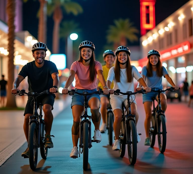 a group of five people on a bicycle tour ridding on the sidewalk