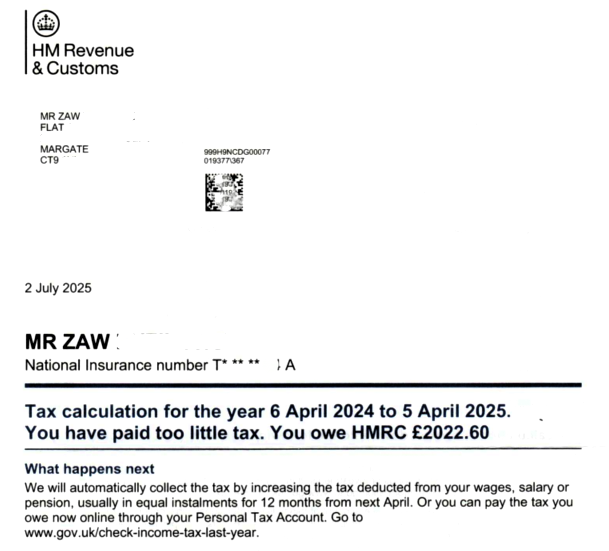 Tax calculation letter from HMRC