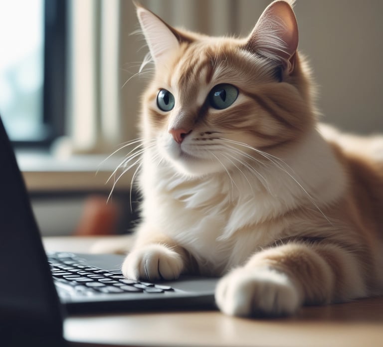 A cozy scene of a dog and cat sitting peacefully together near a simple wooden desk with a laptop and a vase of flowers, symbolizing warmth and communication.