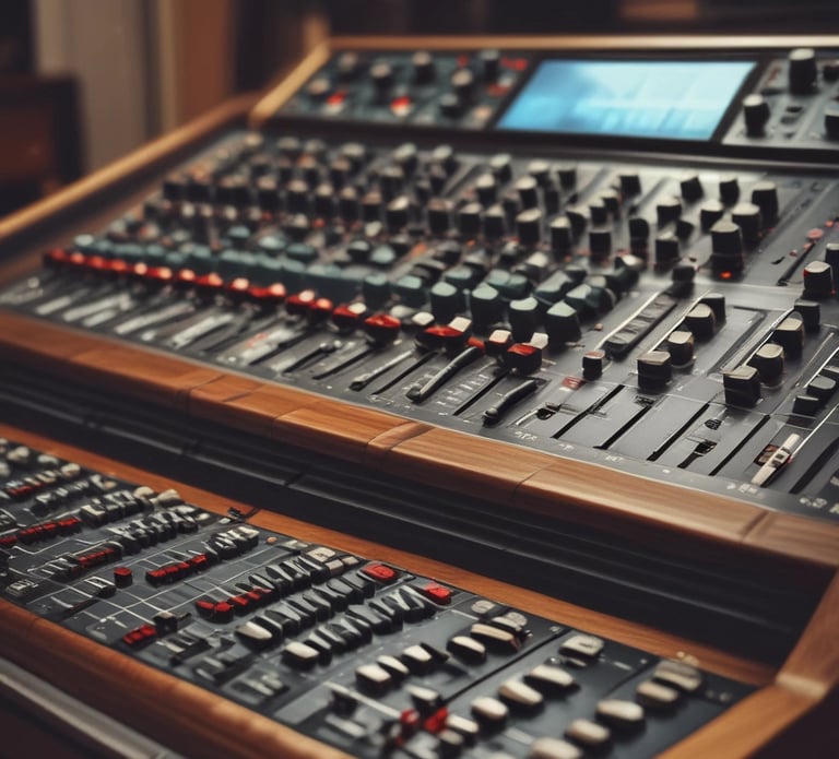 Composer working at a mixing console surrounded by film monitors.