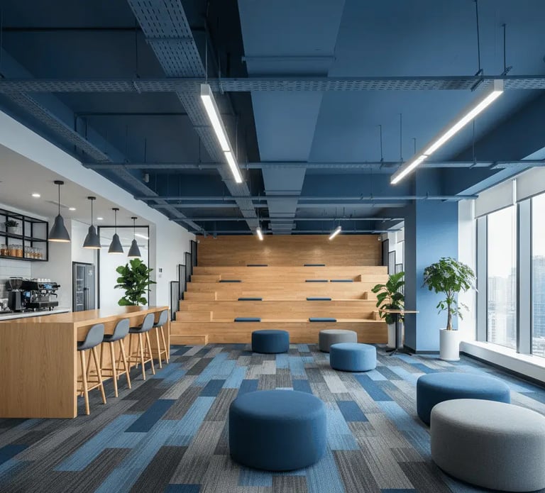 Area de descompressao de empresa com carpete azul e cinza teto azul móveis amadeirados e puffs azuis com bancada e banquetas