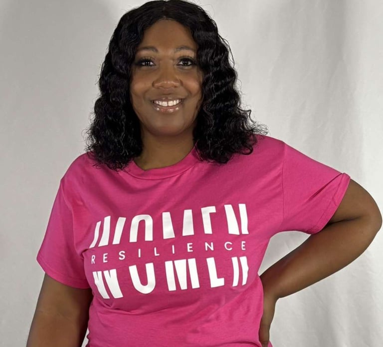 a woman in a pink shirt with a pink shirt and black pants