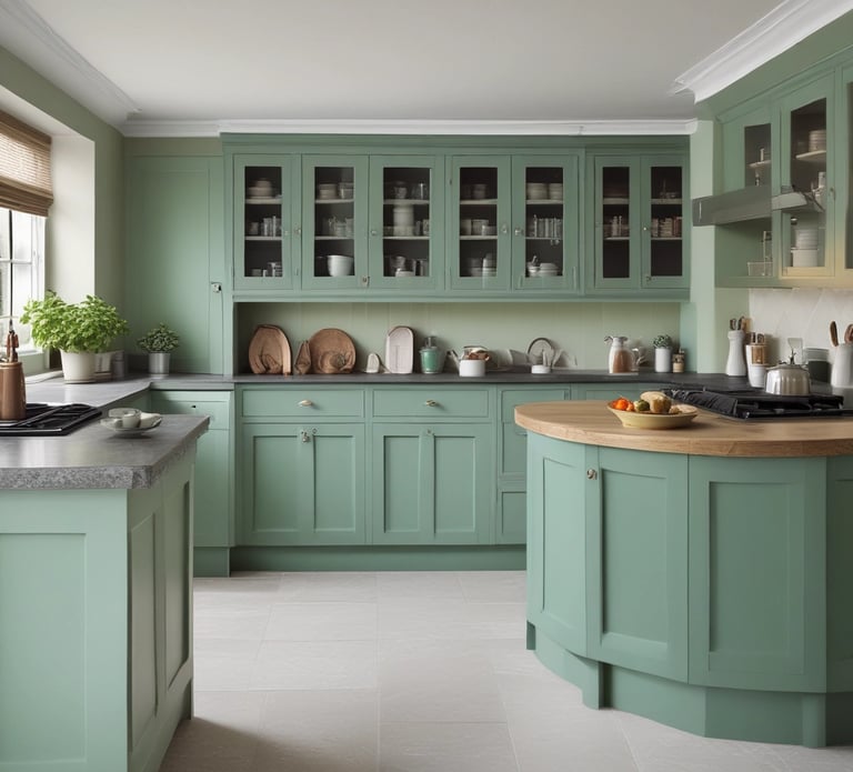 A cozy showroom corner featuring a modern shaker kitchen with earthy tones and a large island bathed in natural light.