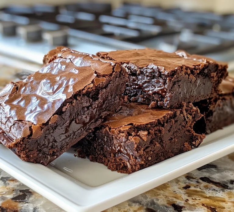 A stack of moist, fudgy chocolate brownies with crackly tops on a white rectangular plate.