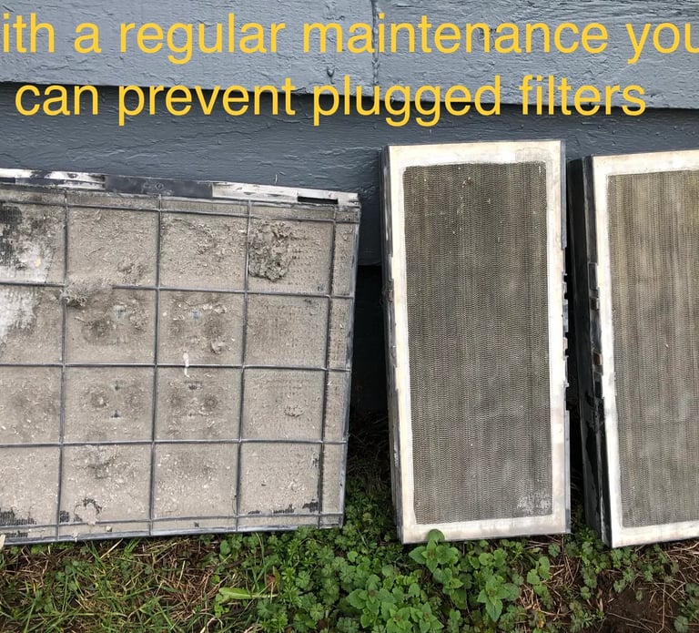 a photo with a regular maintenance applied to avoid plugged filters with message in yellow to have regular maintenance