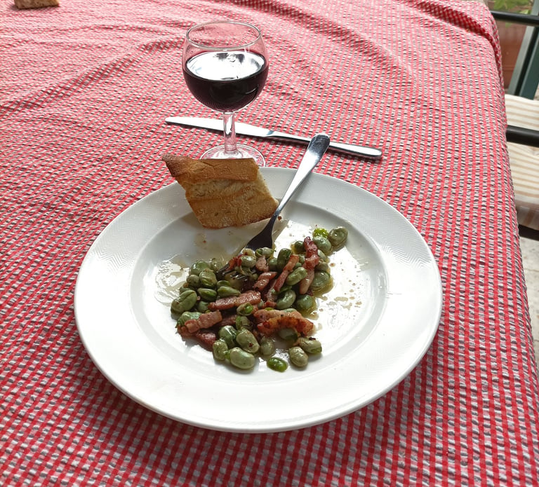 Broad beans, olive oil and bacon