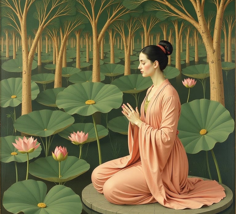 woman meditating by lotus flowers