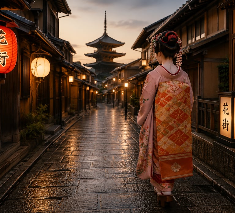 A Japanese geisha in a pink kimono walks through a historic Kyoto street toward the Yasaka Pagoda at sunset.