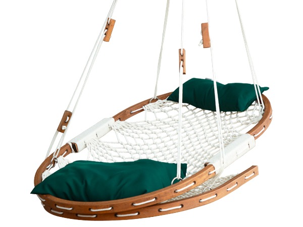 Oval indoor macrame hanging chair forest green pillow