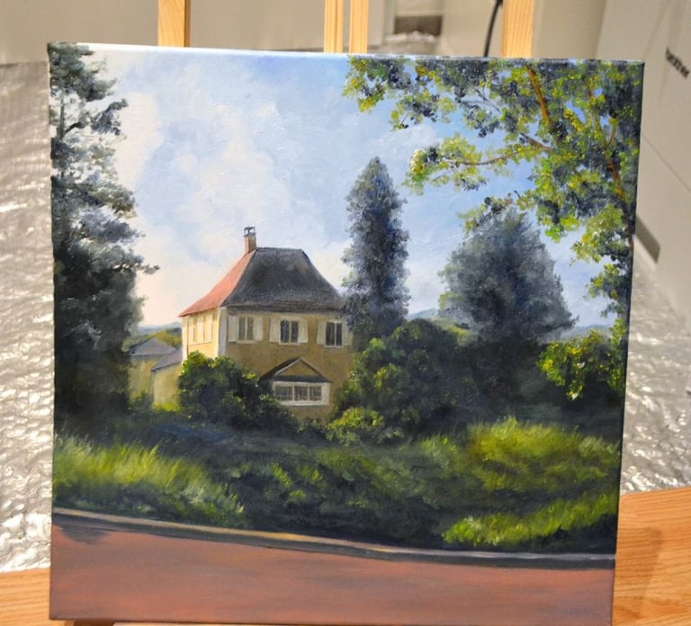 a painting of a house with a red roof beside a red road