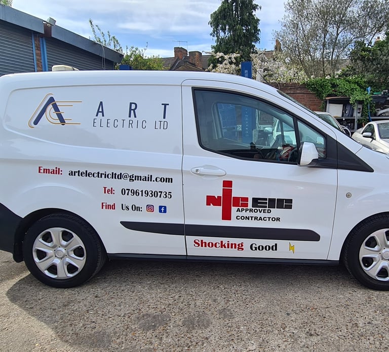 a van with a signs on it 
