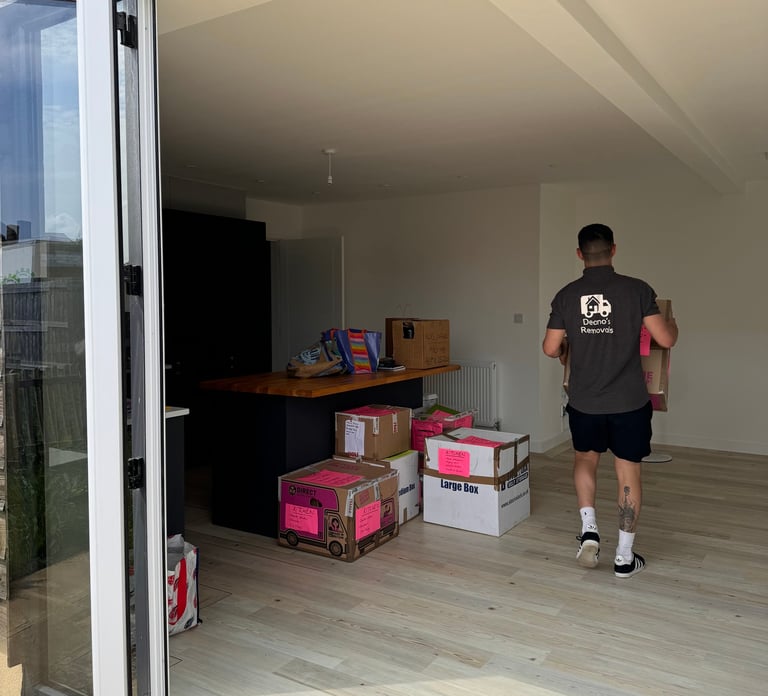 a man walking out of a house with boxes and boxes