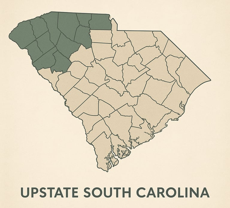 A map of SC showing the counties in which Upstate Home Solutions purchases houses