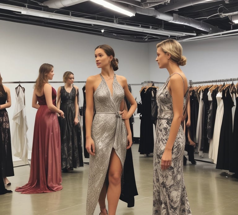 A fashion runway featuring several models walking in glamorous, sparkling dresses. The scene is illuminated by overhead lights with a focus on a model wearing a sequined, off-shoulder dress in deep red. The background is a large digital screen with red patterns.