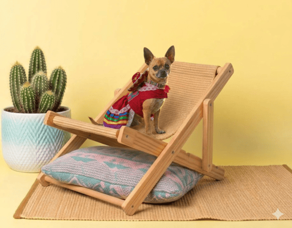Perrita Chihuahua con vestido color rojo y sombrero artesanal de Patitas Coquetas, sentada en una mecedora