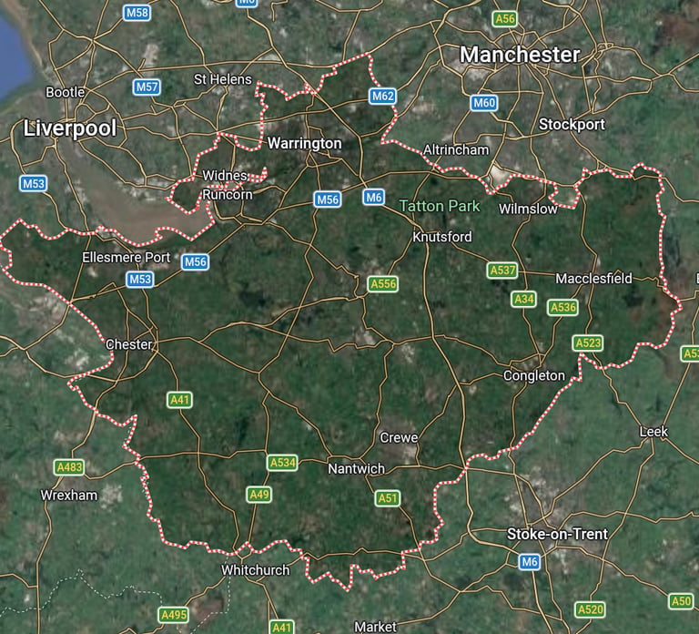 Image of the counties of Cheshire west and east displaying our coverage