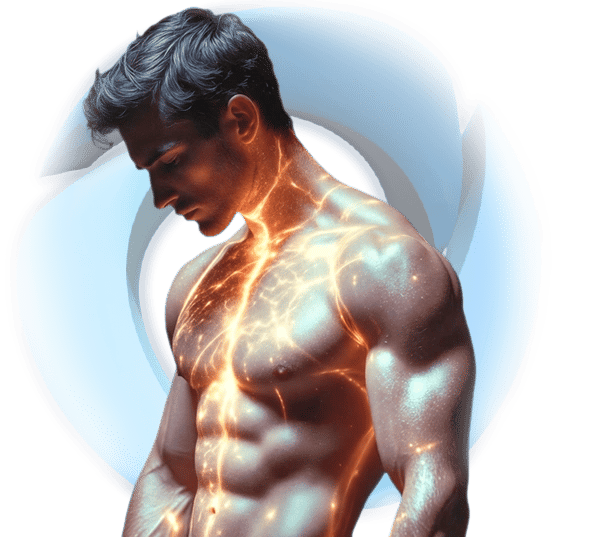 Man with glowing orange energy veins symbolizing power and vitality and stem cell regeneration.