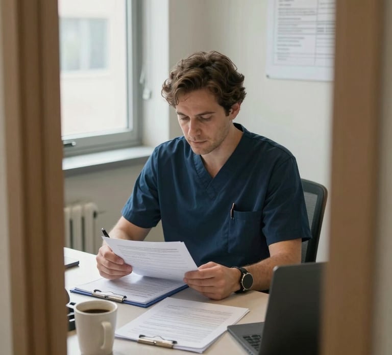 Medium shot from the doorway of a clinical intake office: a psychiatrist seated at a desk reviews a physical patient file, pen in hand, natural north-facing window light falling across the open folder and a half-visible chart on the wall behind. Institutional daylight, no mood lighting. The desk surface shows a coffee mug, printed forms, and a blood pressure cuff in the foreground — practical detail that signals active clinical work, not a posed portrait.