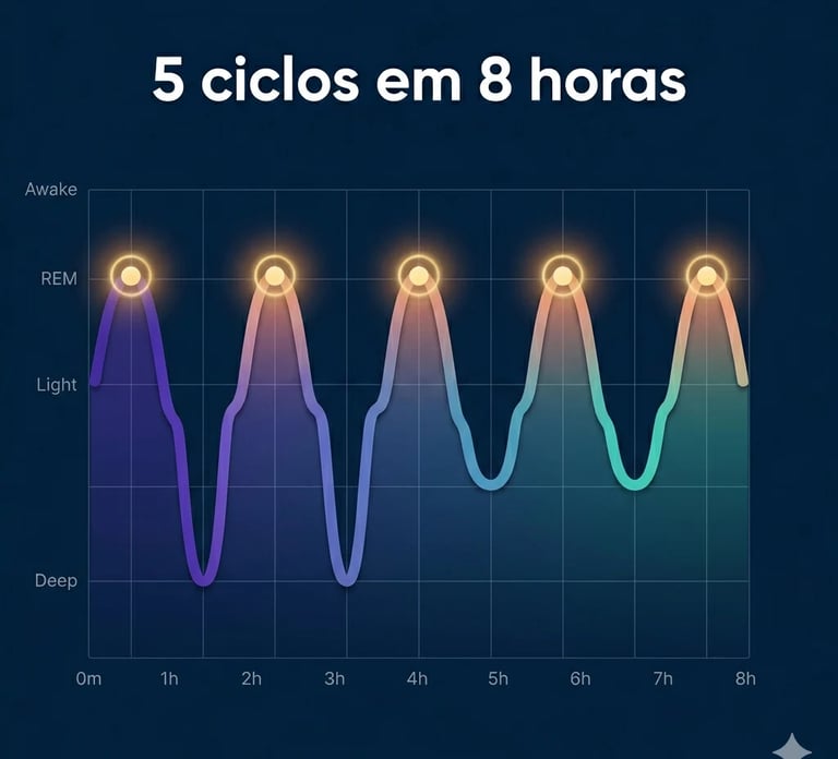 A sleep cycle graph showing 5 cycles in 8 hours across REM, light, and deep sleep stages.