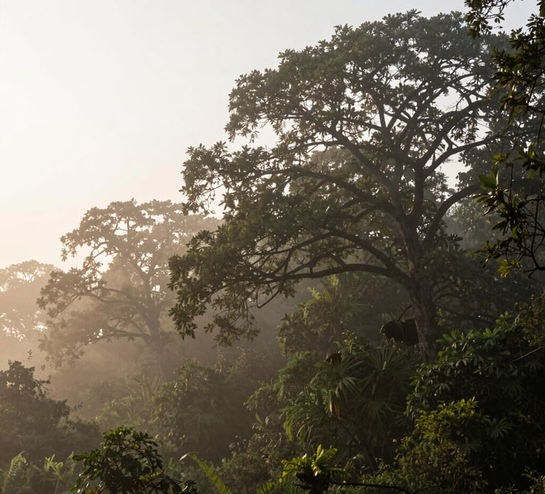 Cinematic wide panoramic shot of a misty morning over the sandalwood canopy bordering the dense Anekal forest, soft golden dawn light filtering through branches, negative space on the left