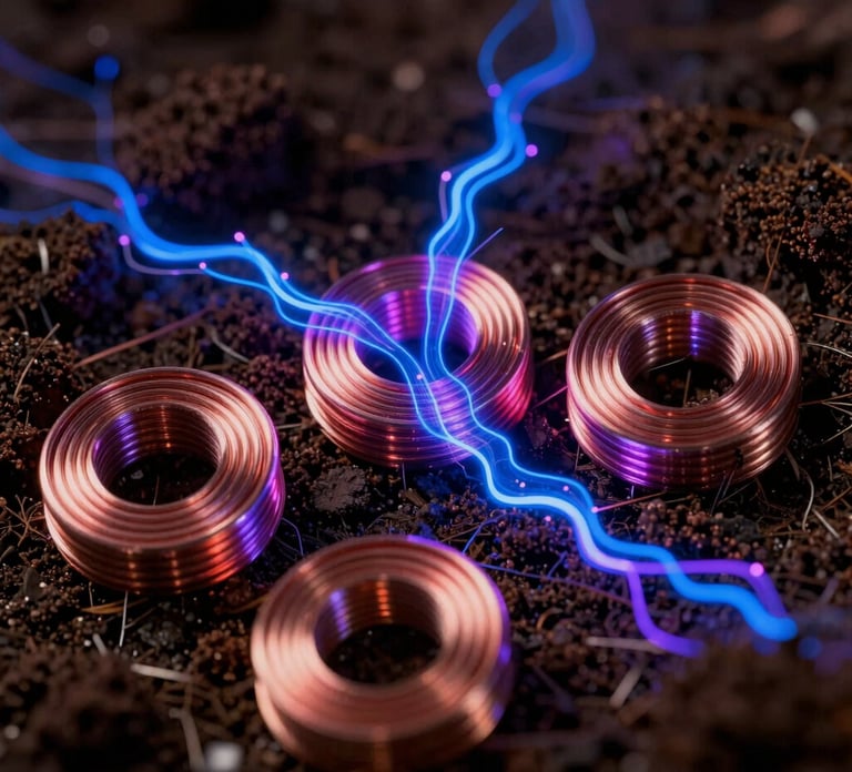 Macro close-up of high-purity copper coils buried in dark, rich soil, glowing with electric cobalt blue and neon violet vector overlays, dramatic low-key lighting, technical wireframe diagram elements, 35mm.