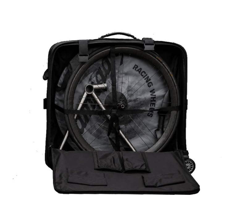 A black hard shell bicycle travel case packed with a road bike frame and Breakaway.