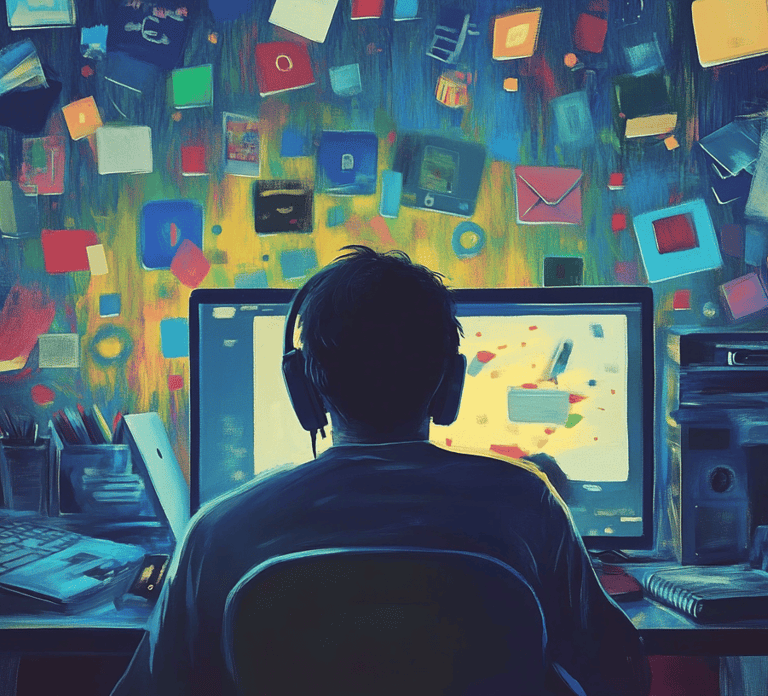 a man sitting at a desk with a computer monitor and a laptop