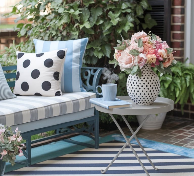 A striped outdoor rug paired with polka-dot cushions on a bench, with a small table featuring a patt