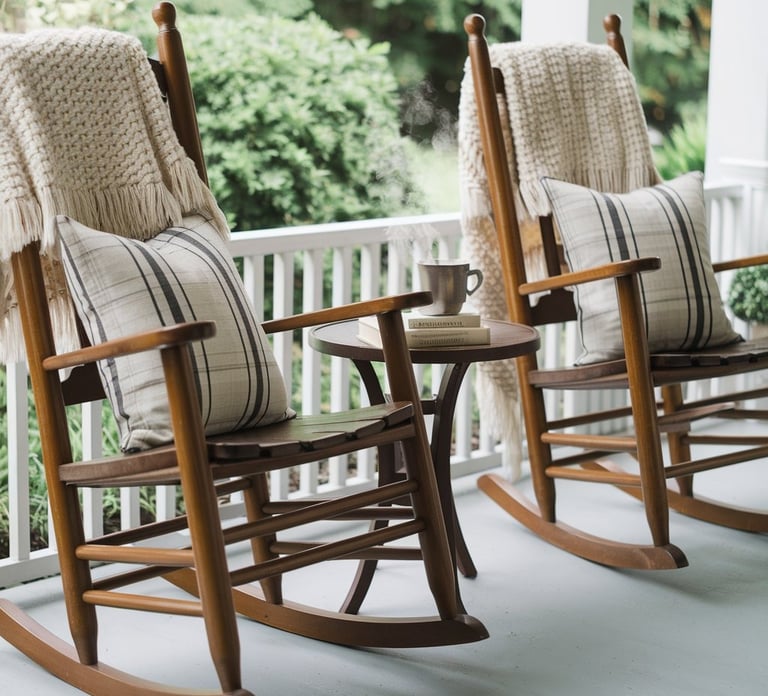 Two wooden rocking chairs with knitted throws and patterned cushions, positioned around a small roun