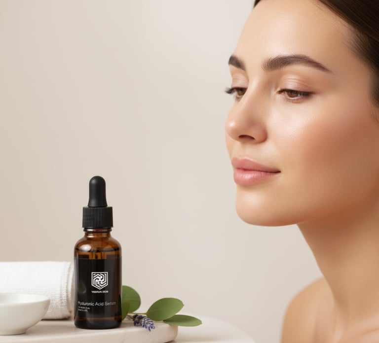 a woman with a bowl of lavender flowers next to a YESHUA Skin Serum Bottle