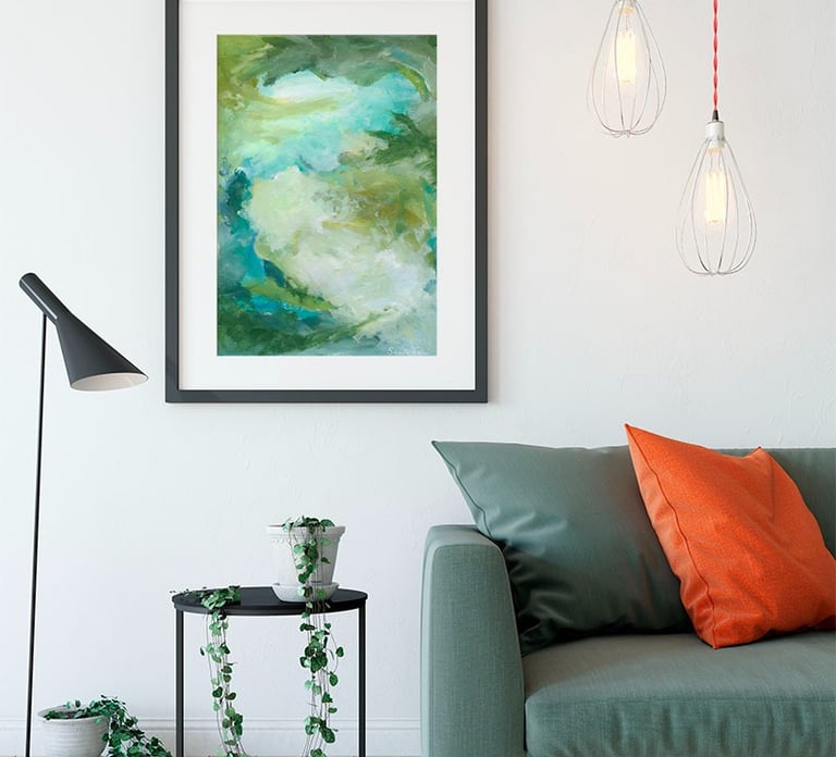 a wonderful green painting called "another earth" above a couch