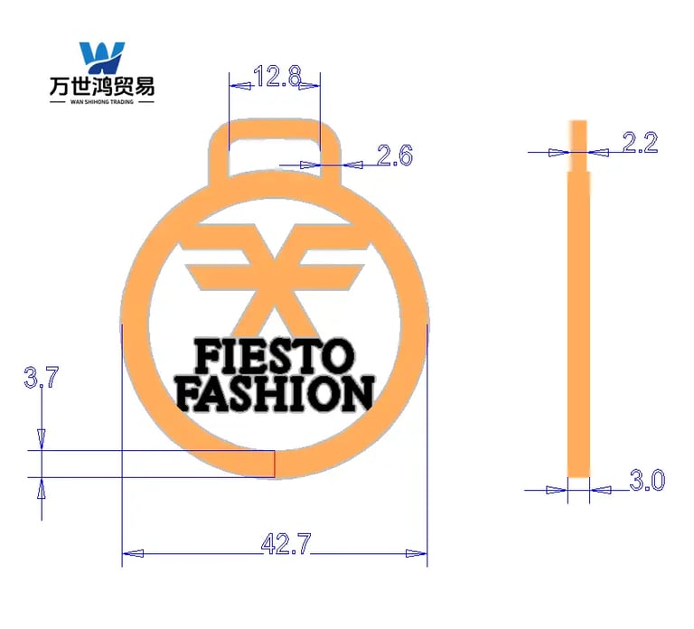 Custom Fiesto Fashion metal charm technical drawing showing precise circular tag dimensions.