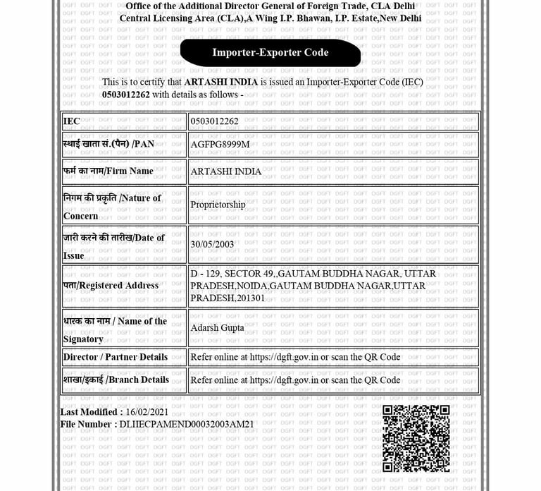 GST Certificate of ARTASHI India
