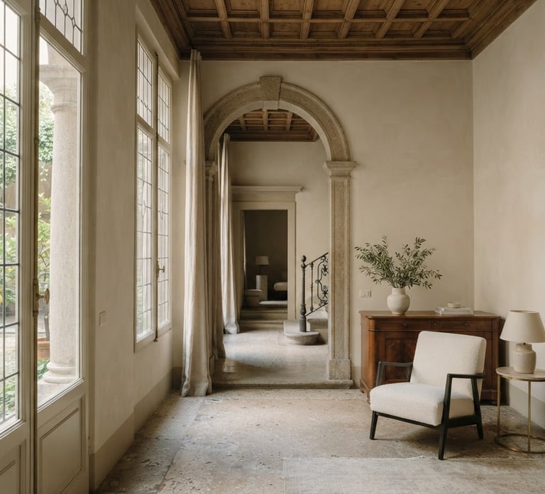 Elegant warm architectural photography of a Milanese palazzo interior, soft natural daylight, minimalist luxury, 35mm