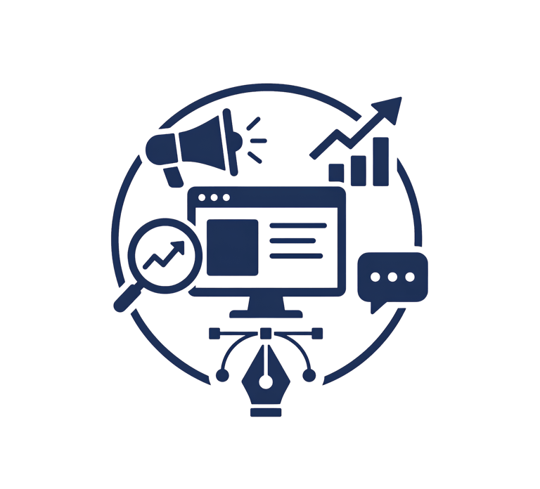 Digital marketing and SEO services icon featuring a computer, megaphone, and growth charts.