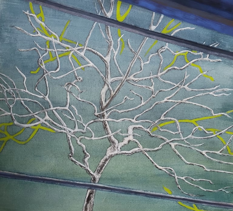 A watercolor, gouache and graphite image of a tree and scaffolding. Blue-green in overall tone.