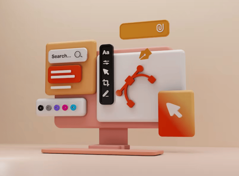 Kompiuterio monitorius su web dizaino įrankiais, simbolizuojančiais svetainės dizaino sudėtingumą ir