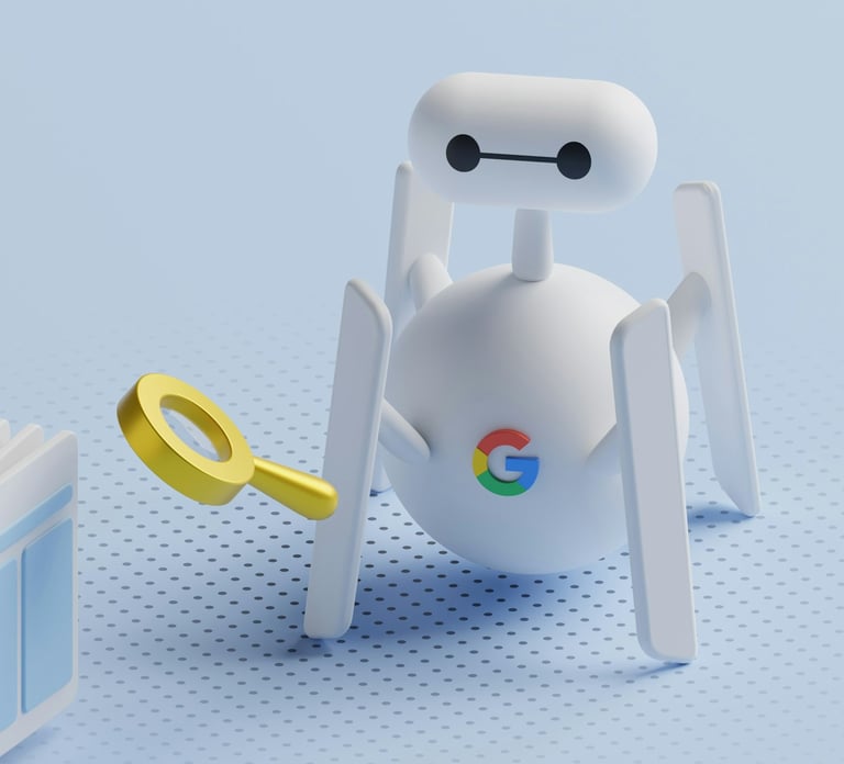 robotas su padidinamuoju stiklu ir Google logotipu, simbolizuojantis SEO optimizaciją