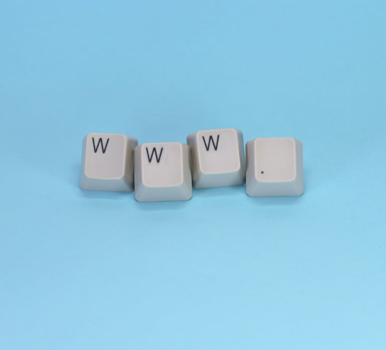 klaviatūros mygtukai su užrašu "W W W .", iliustruojantys svetainės domeno registraciją ir valdymą