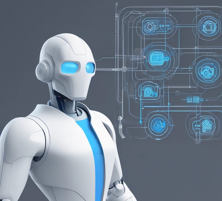 Four small, white robot figures are sitting in a row, each with a laptop in front of them. They have round bodies and blue accents, with 'AI' displayed on their chests. The background is minimal and light gray, emphasizing the robots and their computers.