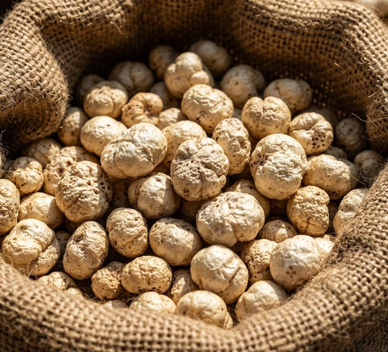 Macro close-up of raw makhana seeds in a rustic burlap sack under harsh, high-contrast natural sunlight, showcasing rich agricultural texture.